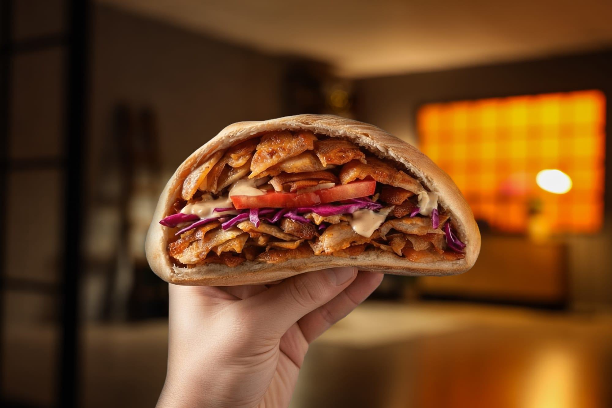 Hand holding a Zakee's kebab in flatbread — warm Streetfood for home.