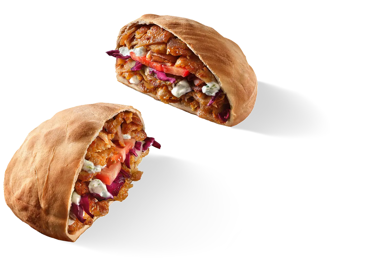 Zakee's Aufback-Döner – zwei aufgebackene Döner im Fladenbrot mit Fleisch, Gemüse und Sauce.