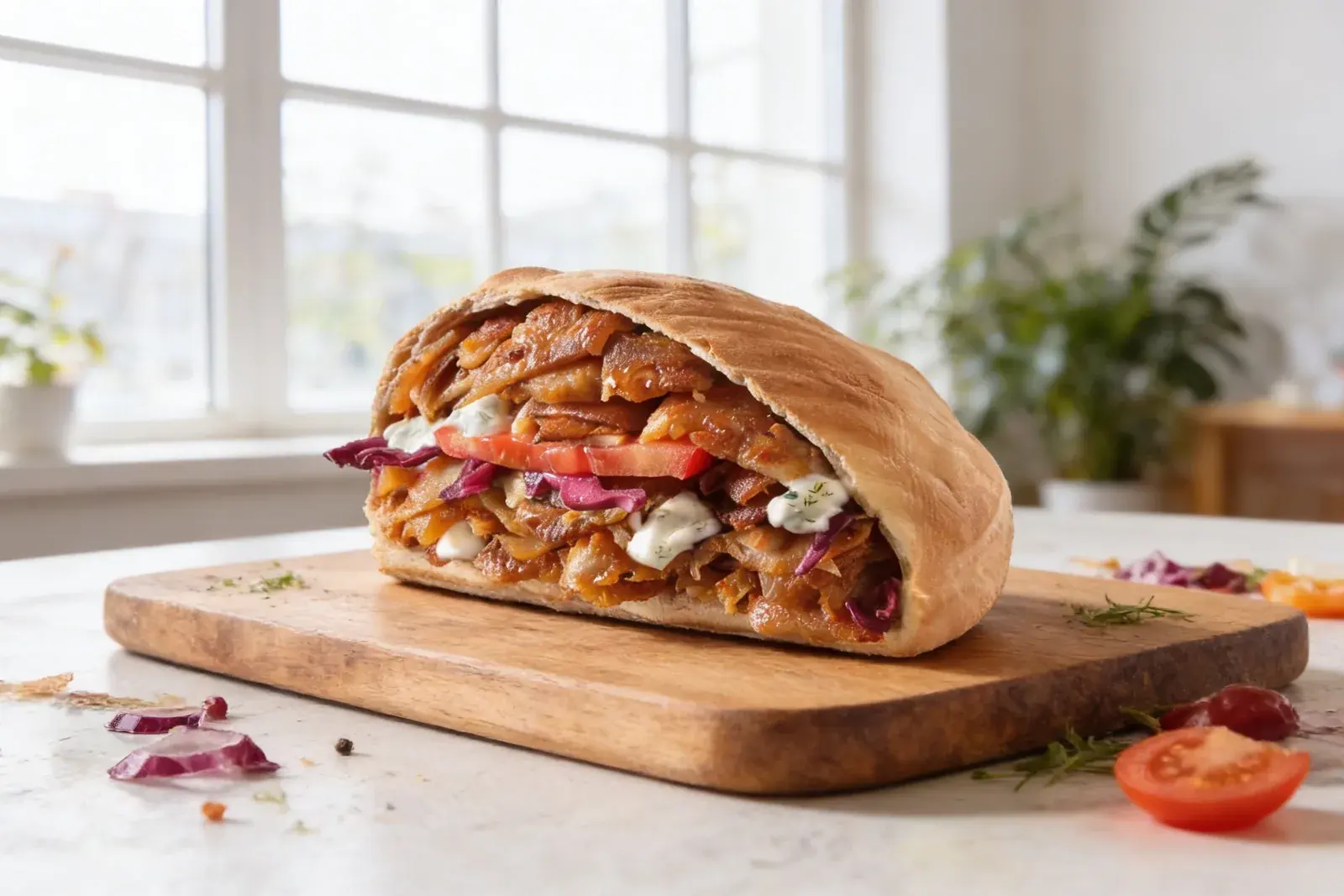 Aufgeschnittener Dönerback mit Hähnchen, Gemüse und Sauce auf einem Holzbrett