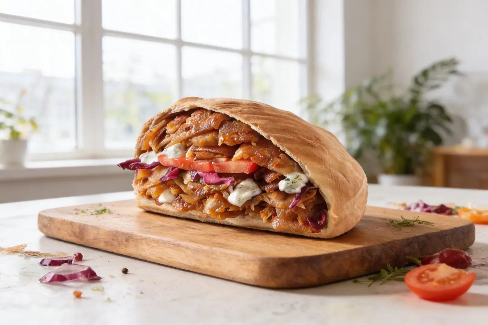 Aufgeschnittener Dönerback mit Hähnchen, Gemüse und Sauce auf einem Holzbrett