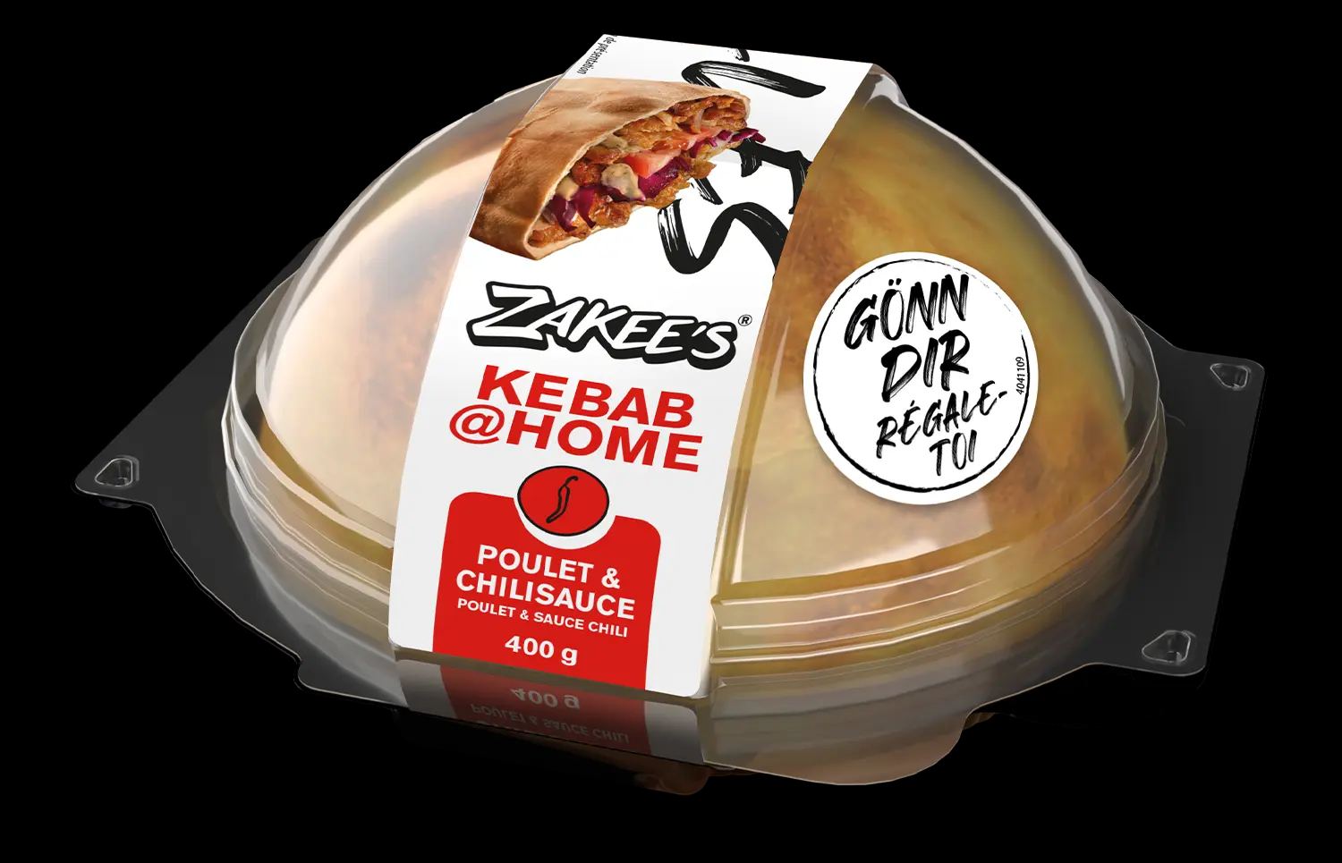 Zakee's Dönerback Poulet & Chilisauce, 400 g — Verpackung mit Klarsichtkuppel