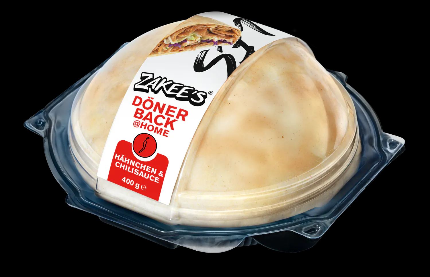 Zakee's Dönerback Hähnchen & Chilisauce, 400 g — Verpackung mit Klarsichtkuppel