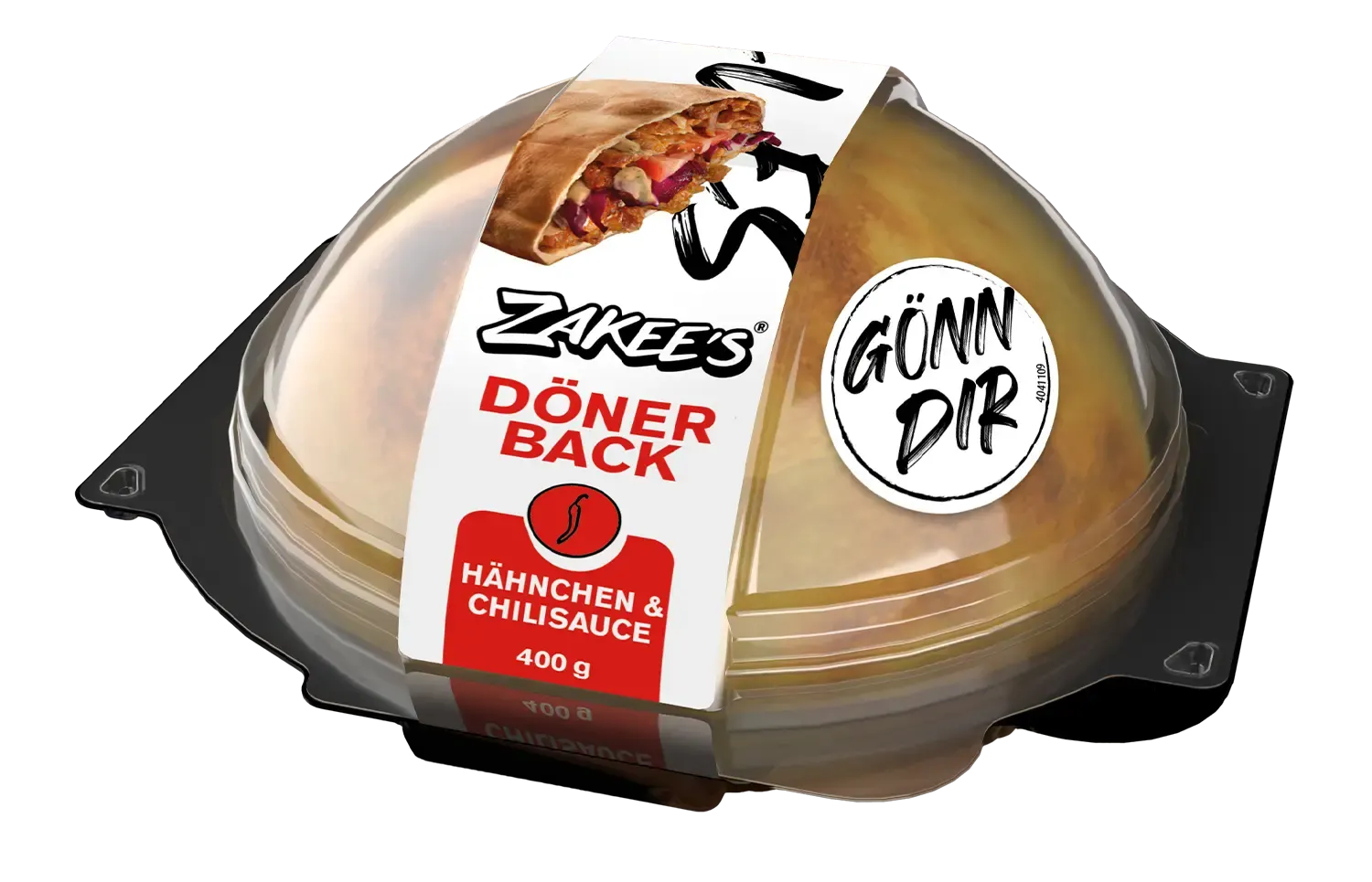 Zakee's Dönerback Hähnchen & Chilisauce, 400 g — Verpackung mit Klarsichtkuppel