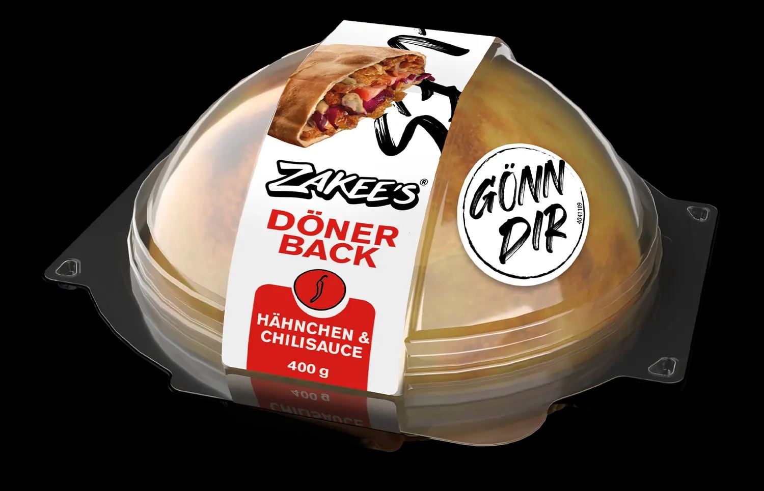 Zakee's Dönerback Hähnchen & Chilisauce, 400 g — Verpackung mit Klarsichtkuppel
