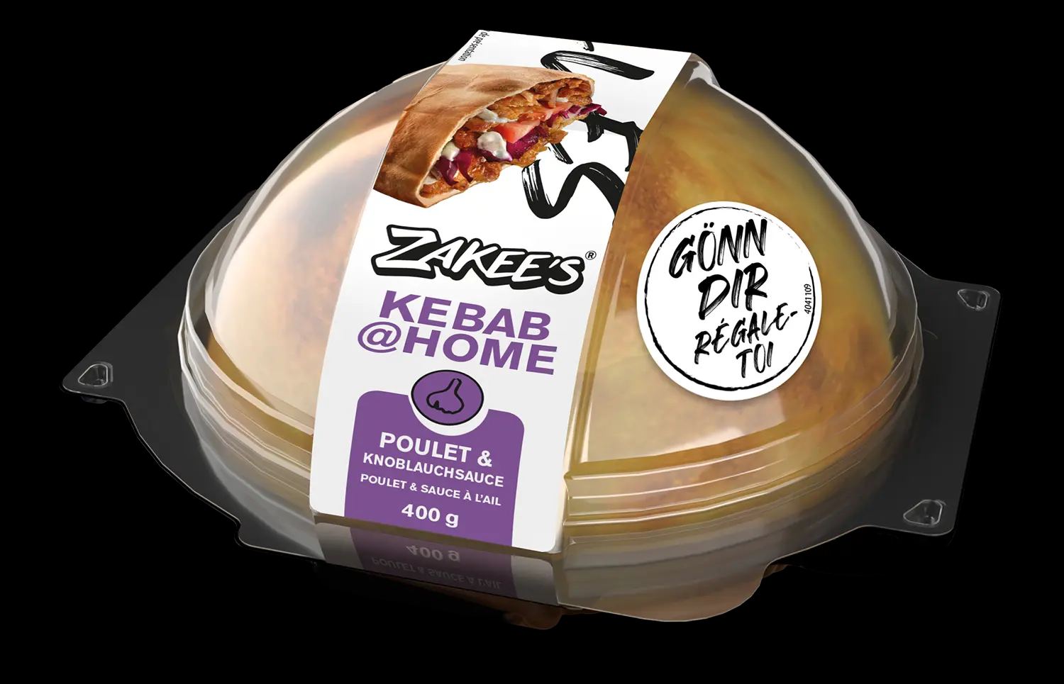 Zakee's Dönerback Poulet & Knoblauchsauce, 400 g — Verpackung mit Klarsichtkuppel