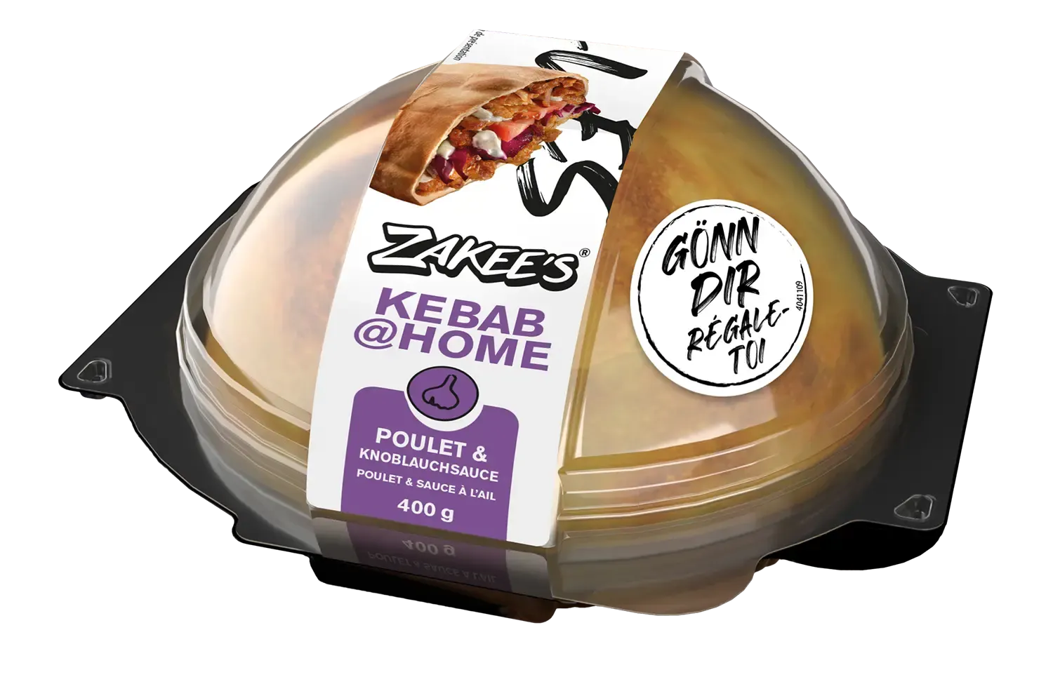 Zakee's Dönerback Poulet & Knoblauchsauce, 400 g — Verpackung mit Klarsichtkuppel