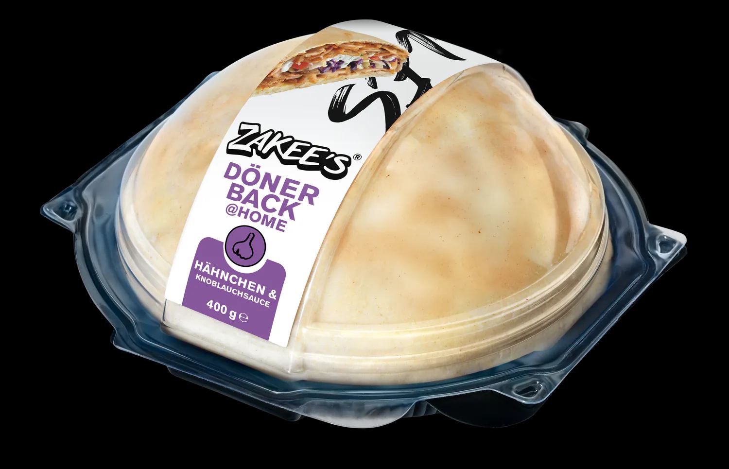 Zakee's Dönerback Hähnchen & Knoblauchsauce, 400 g — Verpackung mit Klarsichtkuppel