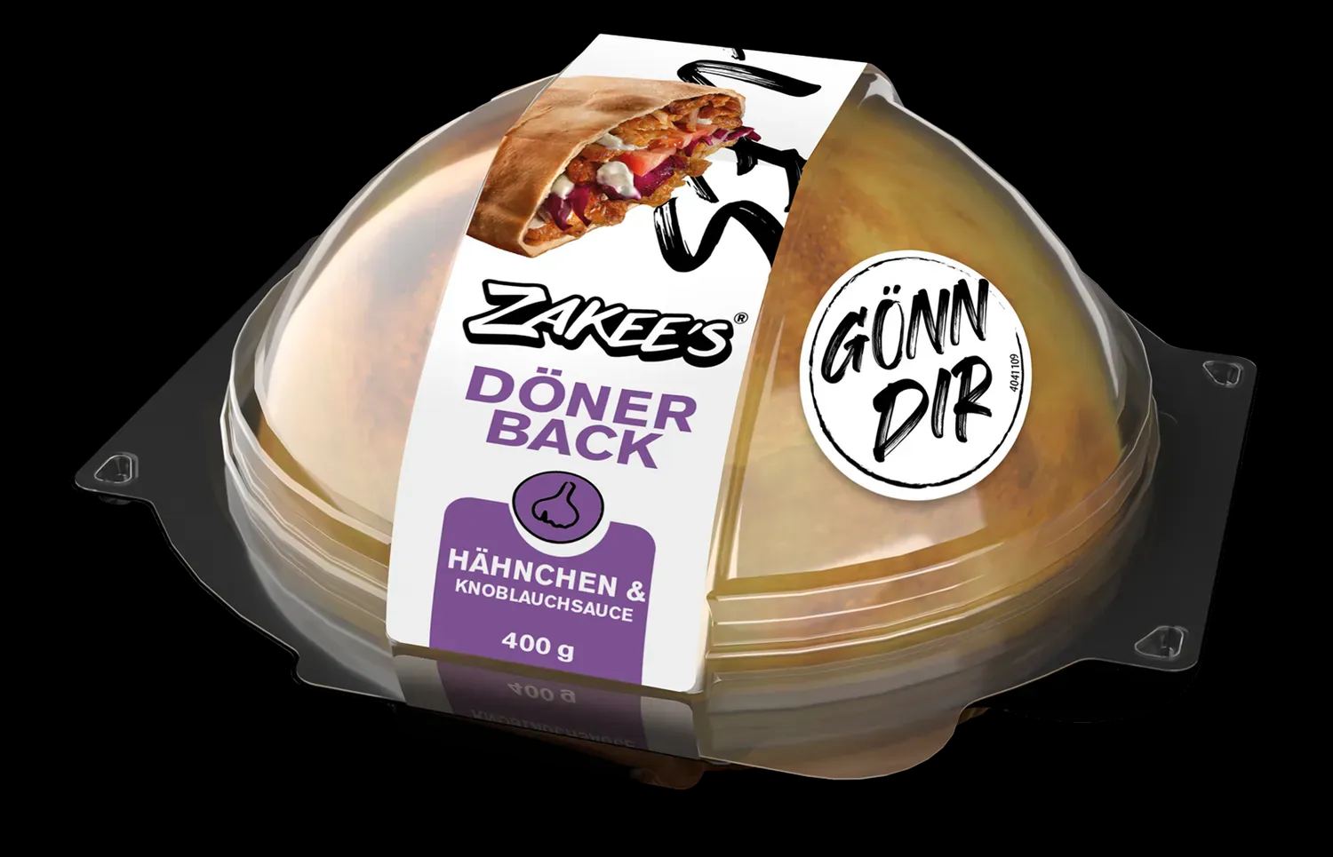 Zakee's Dönerback Hähnchen & Knoblauchsauce, 400 g — Verpackung mit Klarsichtkuppel