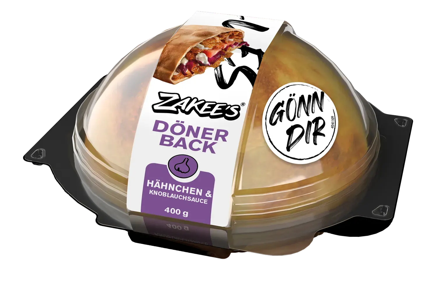 Zakee's Dönerback Hähnchen & Knoblauchsauce, 400 g — Verpackung mit Klarsichtkuppel