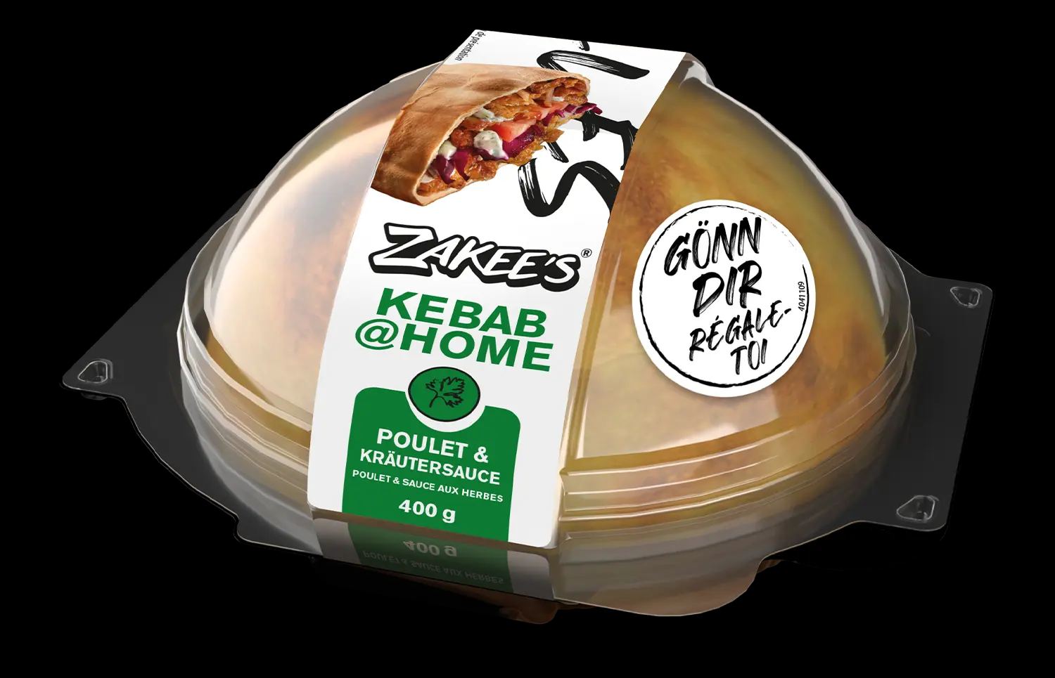 Zakee's Dönerback Poulet & Kräutersauce, 400 g — Verpackung mit Klarsichtkuppel
