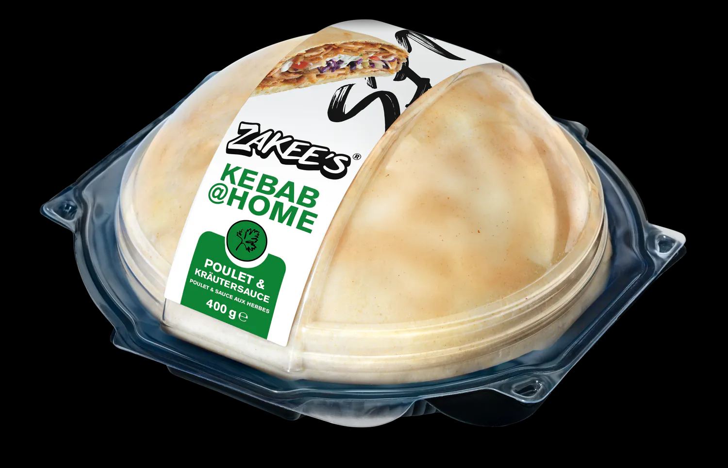 Zakee's Dönerback Poulet & Kräutersauce, 400 g — Verpackung mit Klarsichtkuppel