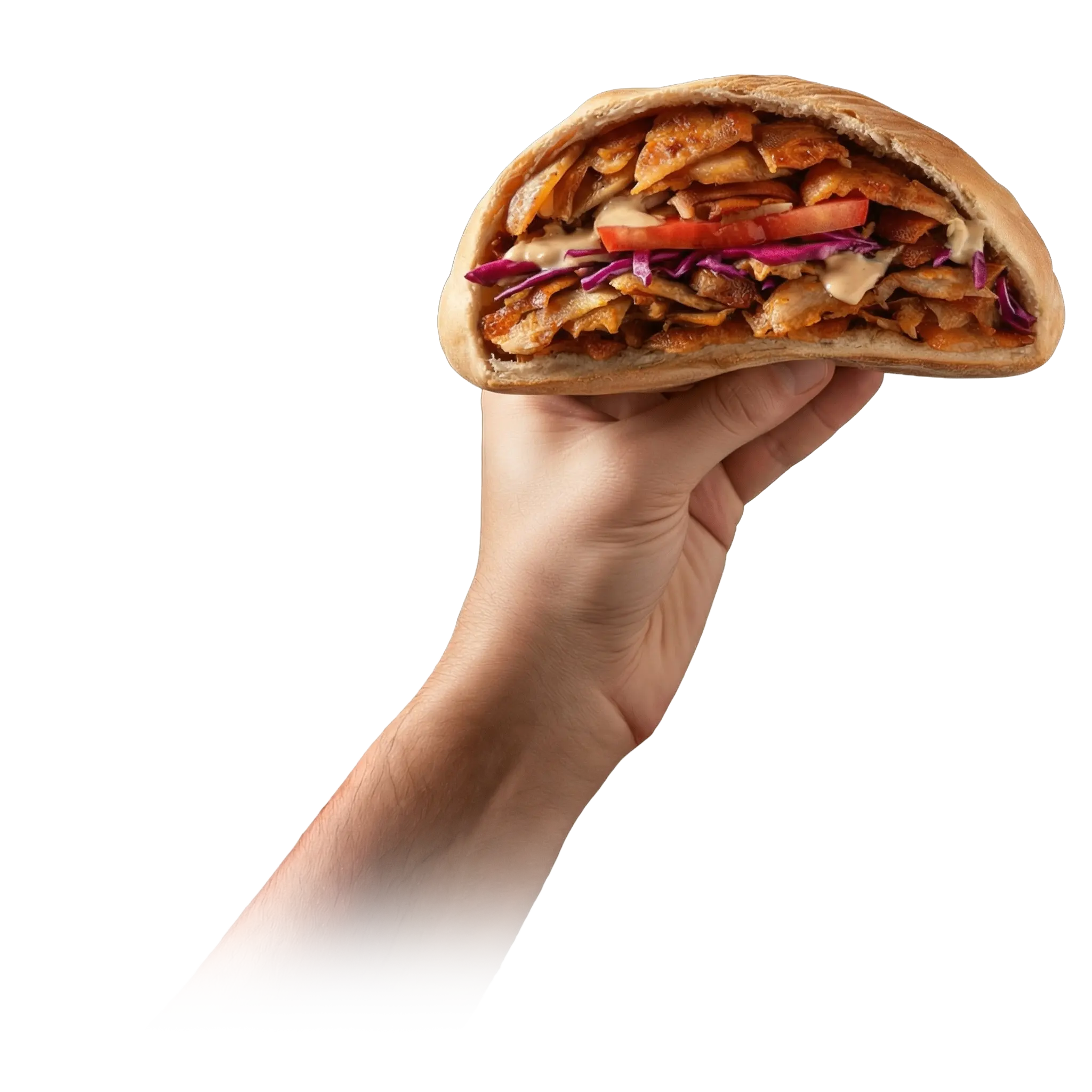 Hand hält einen Döner im Fladenbrot mit Fleisch, Gemüse und Sauce — Zakee’s Streetfood für zuhause.