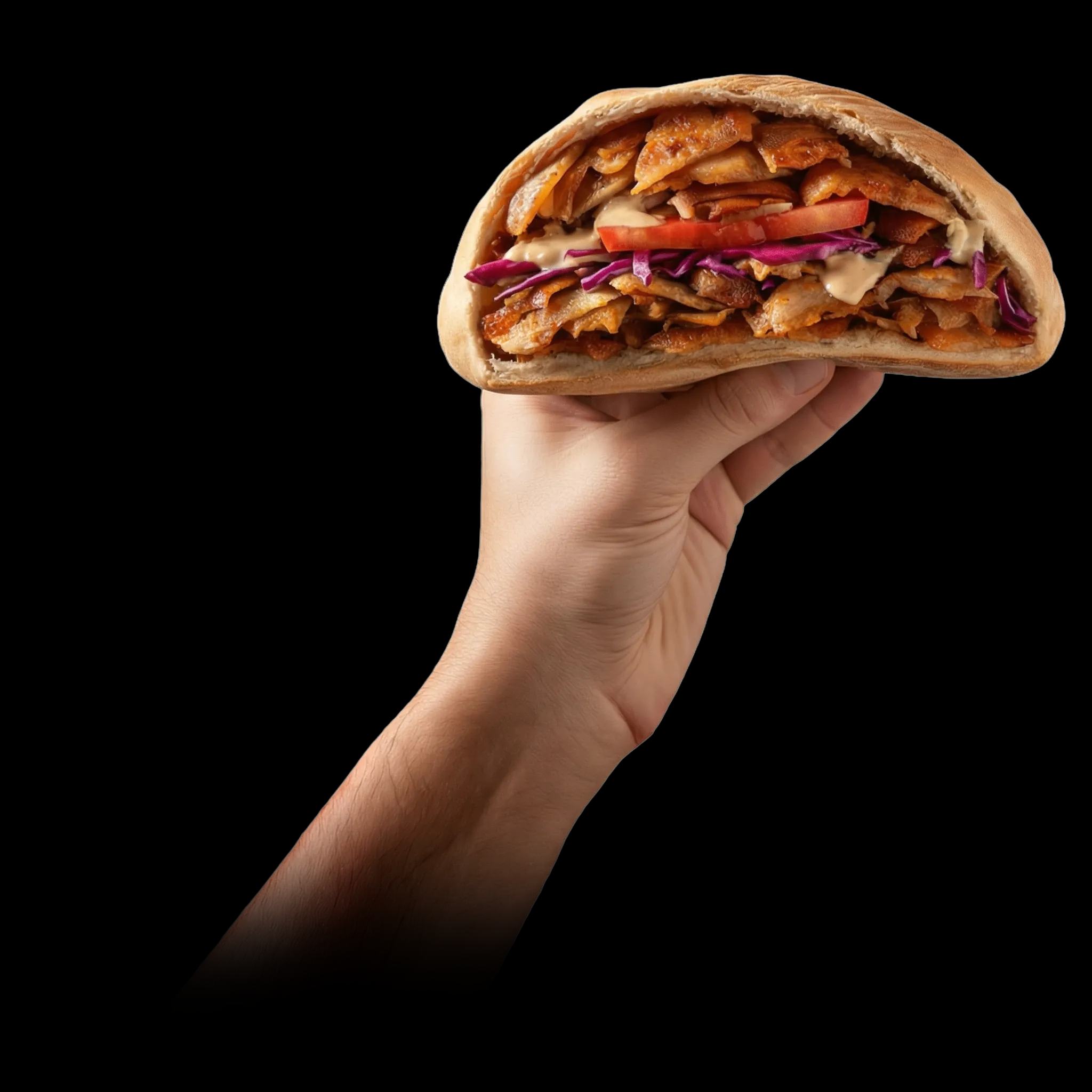 Hand hält einen Döner im Fladenbrot mit Fleisch, Gemüse und Sauce — Zakee’s Streetfood für zuhause.