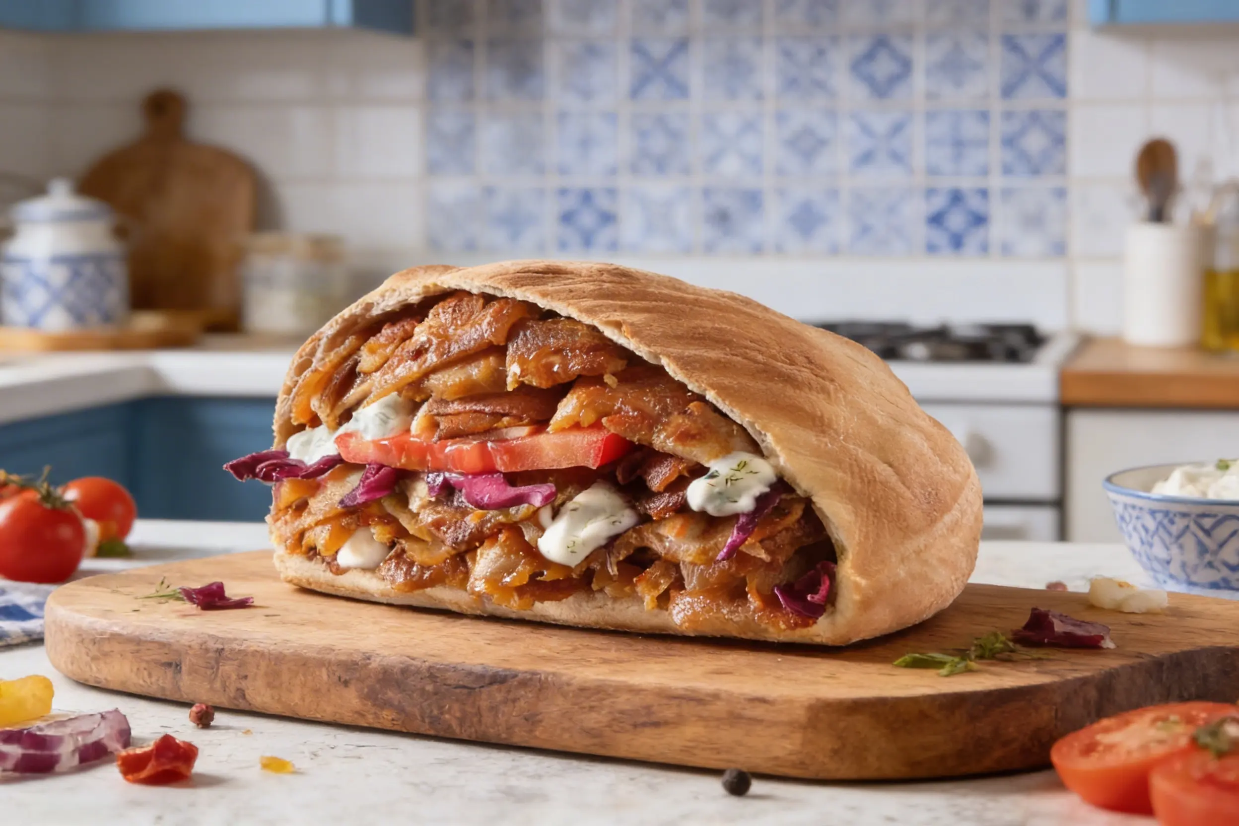 Aufgebackener Zakee's Döner auf einem Holzbrett — Streetfood-Feeling für zu Hause.