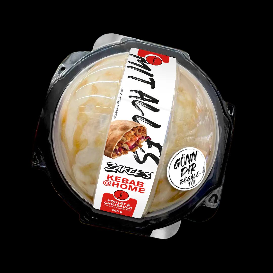 Zakee's Kebab-Packung von oben — Chili-Variante im Kühlregal.