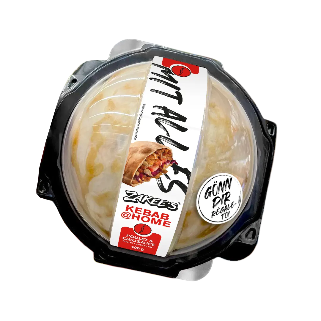 Zakee's Kebab-Packung von oben — Chili-Variante im Kühlregal.