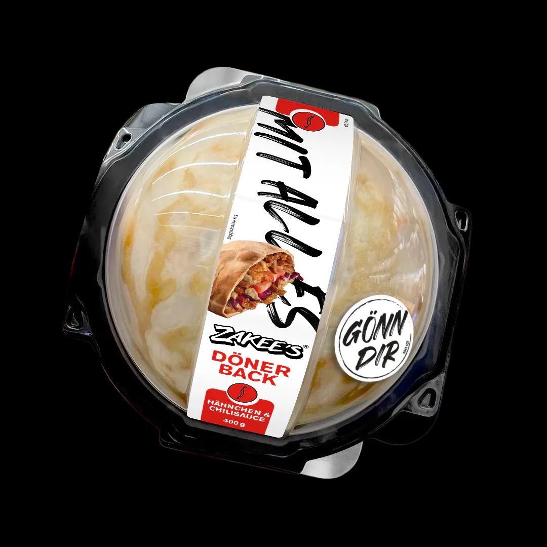 Zakee's Döner-Packung von oben — Chili-Variante im Kühlregal.